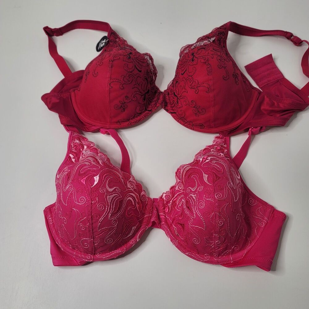 Playtex 2 Bra Lot 42C Embroidered Underwire Red Black Pink White Full Coverage